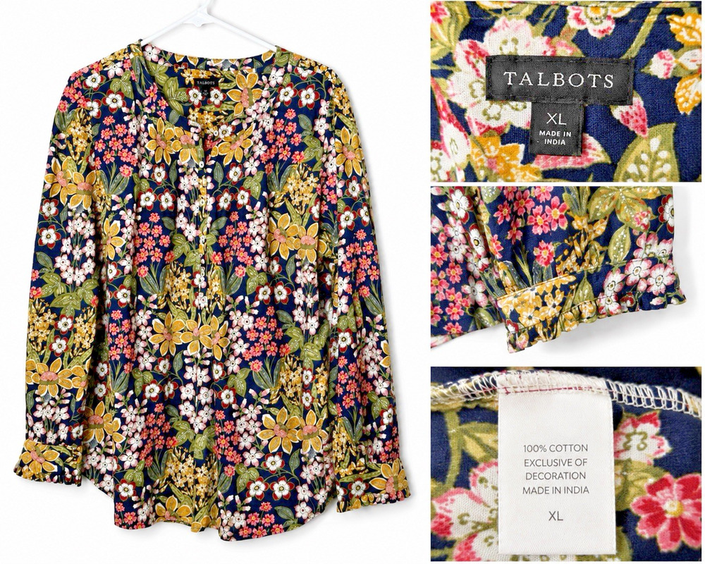 Talbots Size XL Womens Blouse Top Shirt Multi Colored Floral 100% Cotton Popover